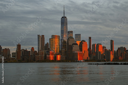 Manhattan skyline with WTC. Financial District NYC. Twin Towers memorial. World Trade Center over Hudson river.