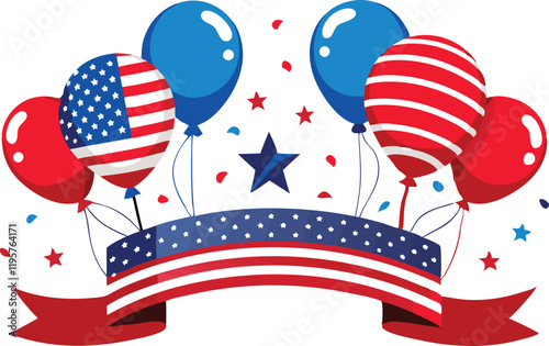 American flag balloons design. Patriotic American design with balloons, confetti & copy space ribbon 