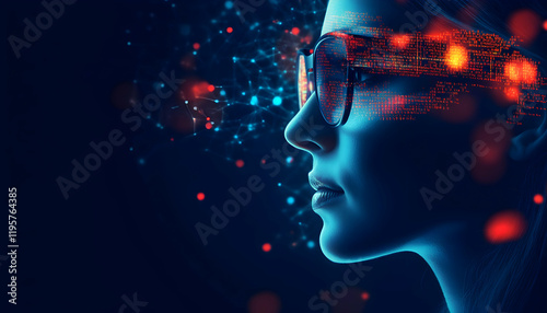 Software, coding hologram, and a woman in data analytics, information technology, and GDPR overlay. Programmer or IT person in glasses reading script, programming, and cybersecurity research.