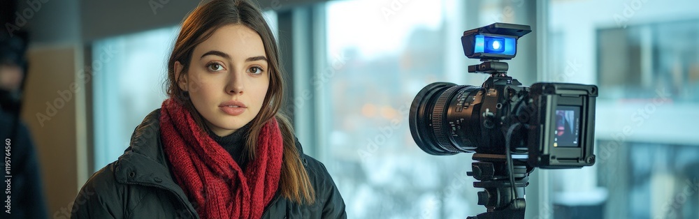 A behind-the-scenes view of a film director operating a professional camera in a studio setting, capturing cinematic creativity in action. A behind-the-scenes view of a film director operating a professional camera in a studio setting, capturing cinematic creativity in action.
