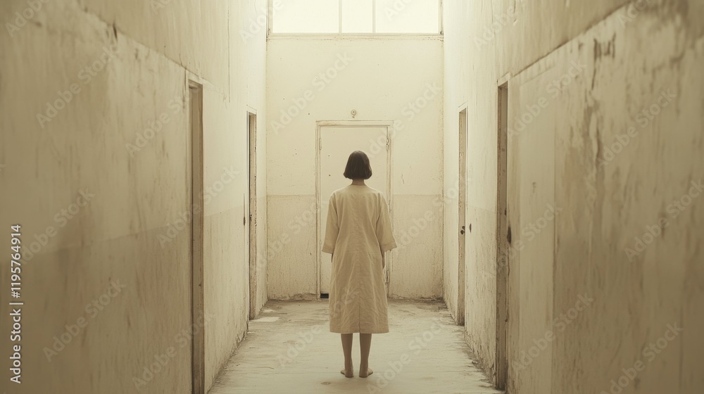 Fototapeta premium Woman in long robe stands barefoot in a long, empty hallway.