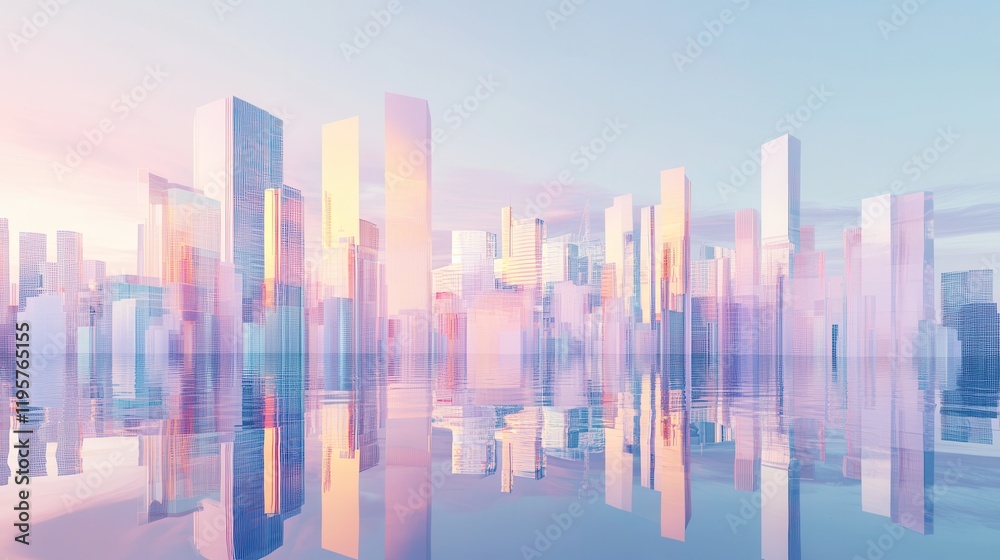 Futuristic cityscape with reflective skyscrapers and calm water at sunset Futuristic cityscape with reflective skyscrapers and calm water at sunset