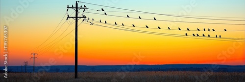 Birds Resting on Power Lines at Sunset