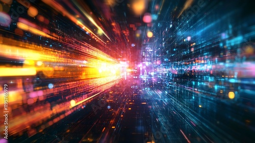 Abstract Digital Data Stream Futuristic Technology Background Orange Blue Glow Lines Network Speed Innovation Digital Art Modern Design Graphic       