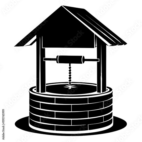 Wishing Well Icon: A classic illustration of a wishing well, rendered in simple black and white. The well is made of brick and has a wooden roof and pulley system.