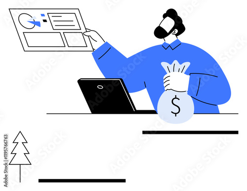 Man analyzing data chart while holding money bag near laptop. Ideal for finance management, business strategy, data analysis, investment, profit planning, corporate growth, abstract line flat