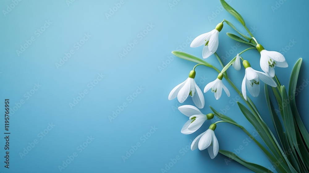 Fototapeta premium Elegant white snowdrops on a light blue background