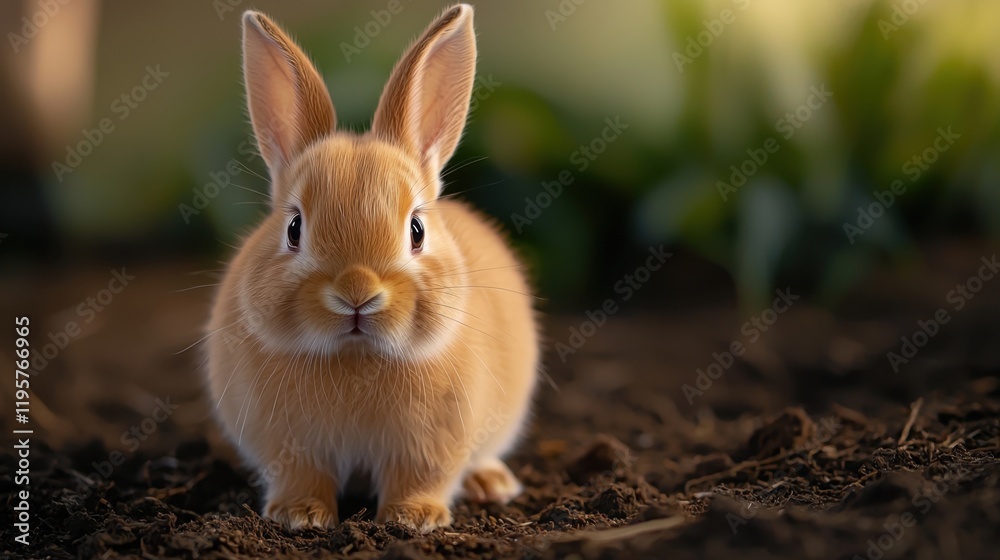 Fototapeta premium A small brown rabbit is standing in the dirt