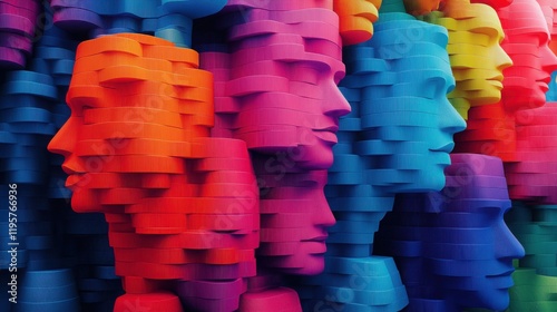 Vivid colorful geometric faces stacked in rows, showcasing modern abstract artistry

