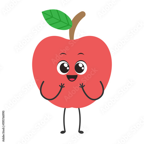 Happy Red Apple Cartoon:  A charming red apple with a bright, friendly smile, big eyes, and tiny legs.