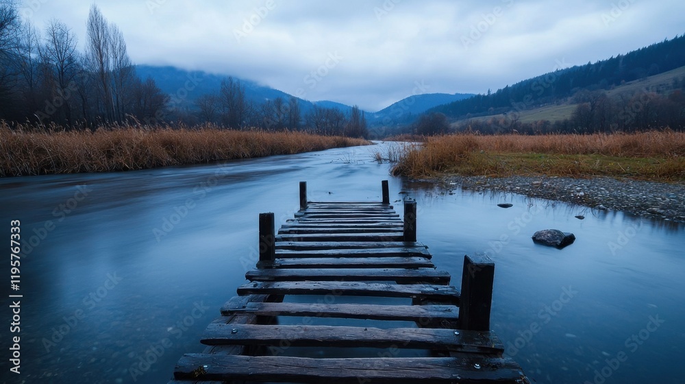Fototapeta premium A wooden bridge spans a river in a foggy, misty landscape