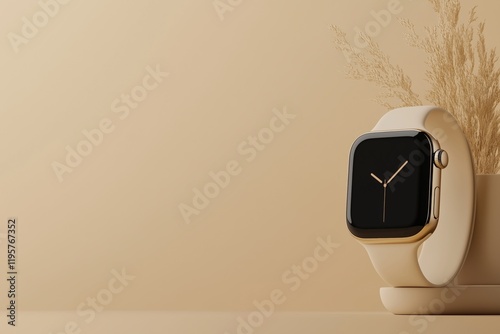 Minimalistic gold smartwatch on beige background with dry plants. tech and contemporary branding photo