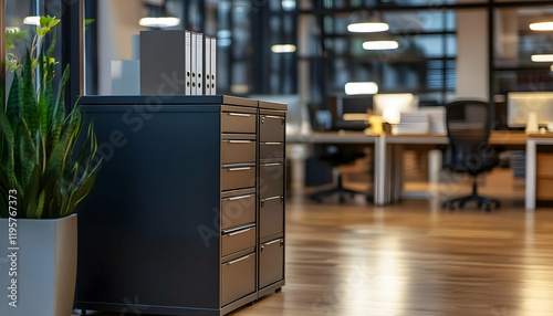 Stylish filing cabinet office storage in empty office after hours