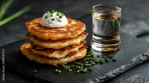 Frosty shot glass of vodka served with crispy potato pancakes topped with sour cream and chives on a black slate dish