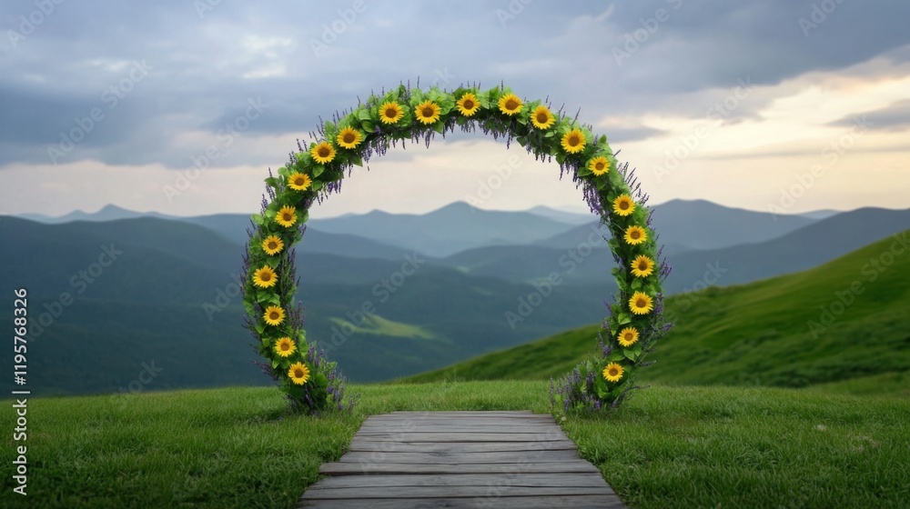 Fototapeta premium A charming wooden arch covered in lavender and sunflowers