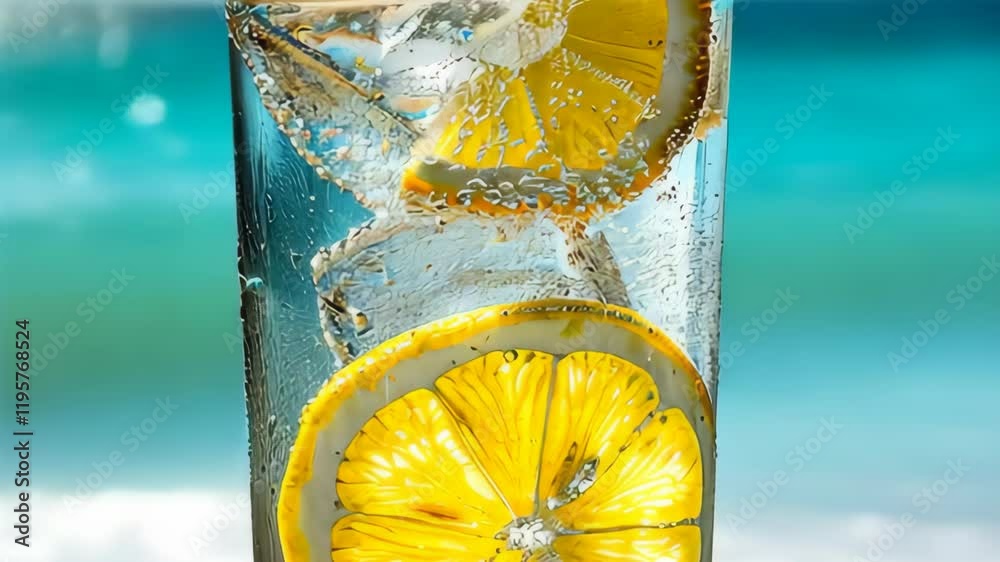 Glass of refreshing lemon water with ice cubes and fresh lemon slices on a sunny outdoor background. Summer and hydration concept. High quality 4k footage
