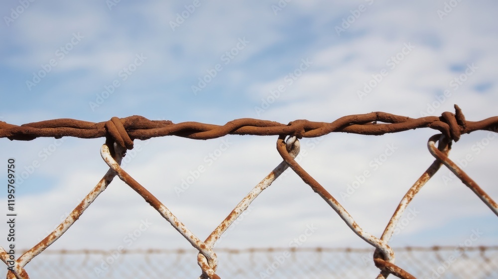 Close-up of rusty barbed wire on a chain-link fence against a bright sky. Close-up of rusty barbed wire on a chain-link fence against a bright sky.