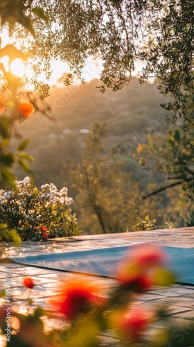 Serene Sunset Garden View with Yoga Mat