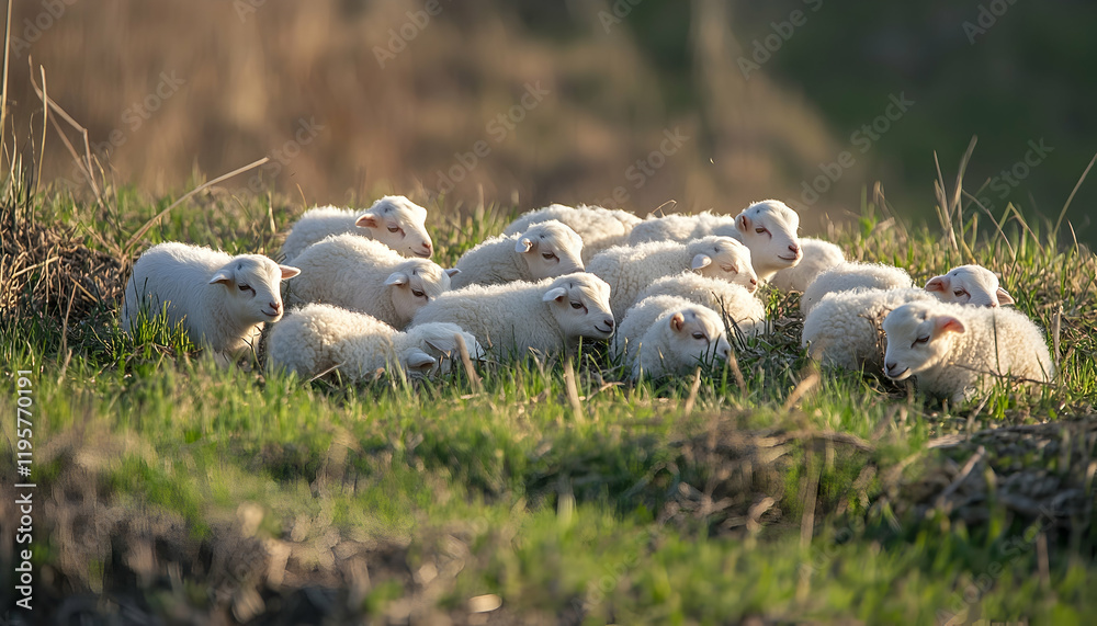 Obraz premium Ten-day-old cute white baby goats on a spring meadow during sunny Easter holidays