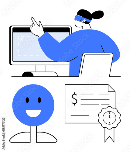 Person interacting with a screen, happy face icon, certification document with ribbon. Ideal for e-learning, virtual classrooms, student engagement, online certification, remote work, technology in