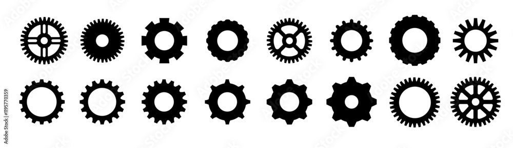 Gears shapes line icons. Flat machine gear icon. Wheel cogwheel vector. Simple outline isolated elements. Black gear. Gears shapes line icons. Flat machine gear icon. Wheel cogwheel vector. Simple outline isolated elements. Black gear.