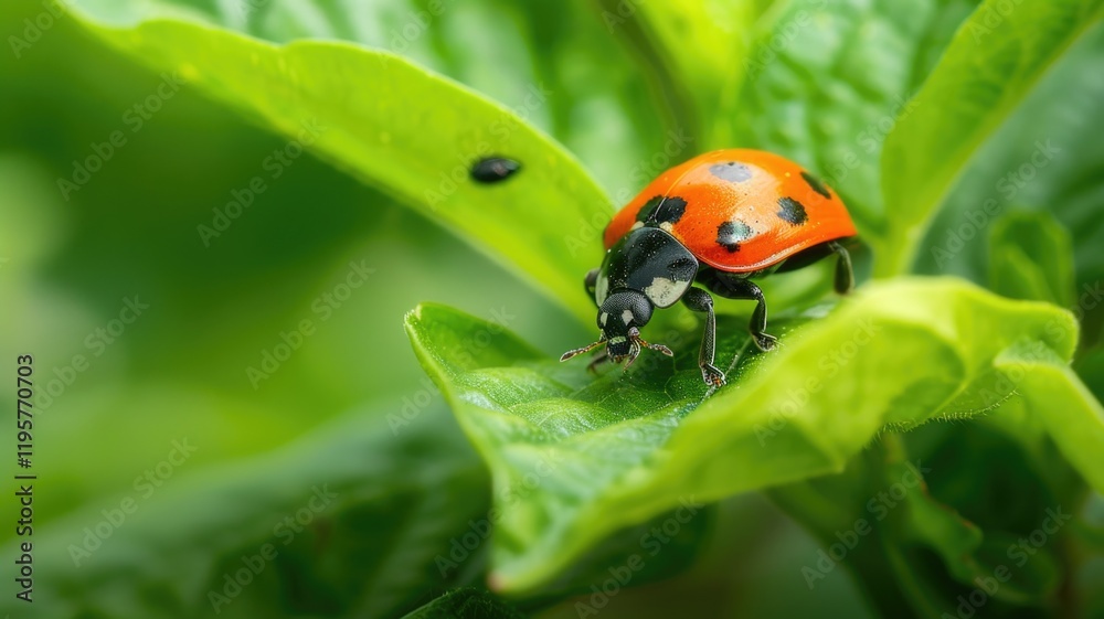 Close-up of a ladybug on vibrant green leaves in nature Close-up of a ladybug on vibrant green leaves in nature