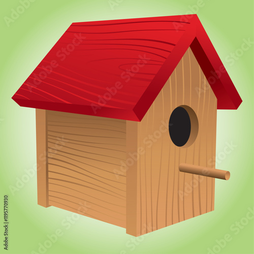 A vector graphic illustration of a wooden birdhouse with a red roof. 