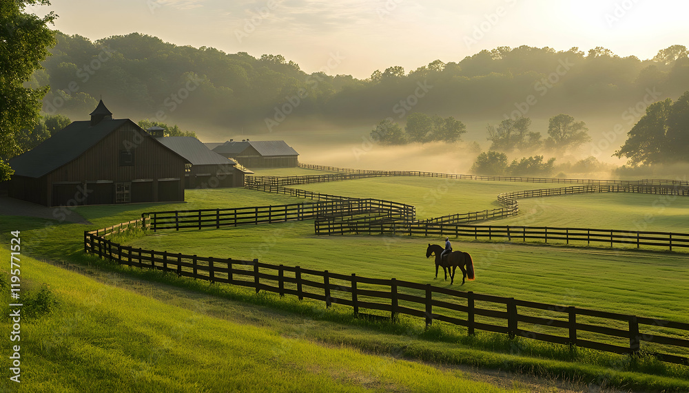 Fototapeta premium The endless rows of stables and abundant grazing land make this horse-rearing and training locale a paradise for both animals and riders alike