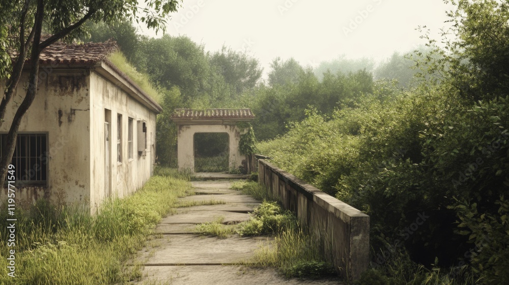 Overgrown pathway leading to abandoned building in misty forest. Overgrown pathway leading to abandoned building in misty forest.