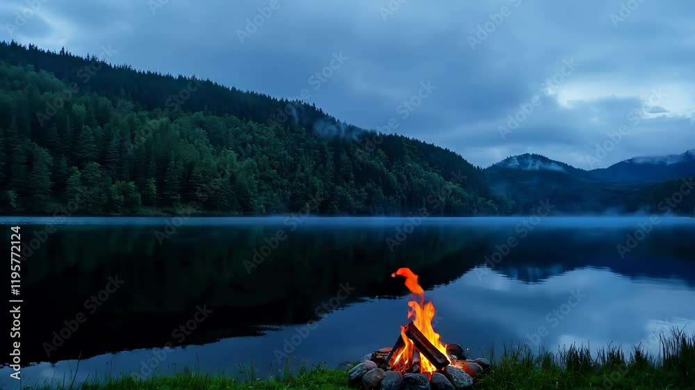 A campfire crackles gently at the edge of a calm lake. The twilight sky is filled with clouds as mist rises from the water, creating a peaceful atmosphere. A campfire crackles gently at the edge of a calm lake. The twilight sky is filled with clouds as mist rises from the water, creating a peaceful atmosphere.