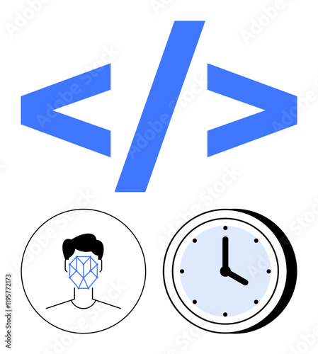 Blue coding angle brackets, facial recognition outline over human face, and round analog clock. Ideal for technology, programming, AI, facial ID, productivity, time tracking abstract line flat