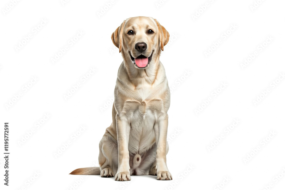Happy Labrador Retriever Sitting and Smiling on White Background Happy Labrador Retriever Sitting and Smiling on White Background