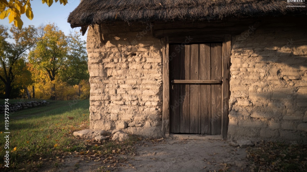 Rustic stone hut with thatched roof and wooden door, autumn foliage background. Rustic stone hut with thatched roof and wooden door, autumn foliage background.