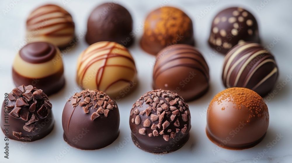 Assorted Gourmet Chocolate Truffles Arranged Artistically on Marble Background for Delicious and Tempting Treat Presentation, Perfect for Sweet Tooth Lovers Assorted Gourmet Chocolate Truffles Arranged Artistically on Marble Background for Delicious and Tempting Treat Presentation, Perfect for Sweet Tooth Lovers