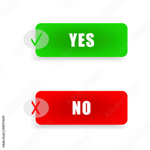 Yes No toggle switch buttons, checkmark icons yes or no with switch slider in modern toggle, green tick and red cross symbols for user interface, apps and website