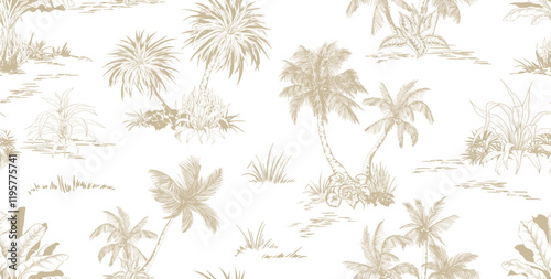 Seamless pattern with palm trees. Landscape sketches. Toile de Jouy style. Hand drawn vector illustration.