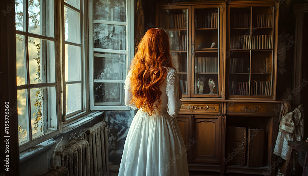 Fototapeta premium Mysterious redhead woman stands in room near window waiting for love. Girl writer looking for inspiration. Long flowing red hair back rear view. Lady queen vintage dress. Royal cabinet old-style room