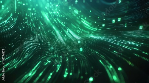 Dynamic green abstract light patterns create a mesmerizing visual effect in a digital landscape