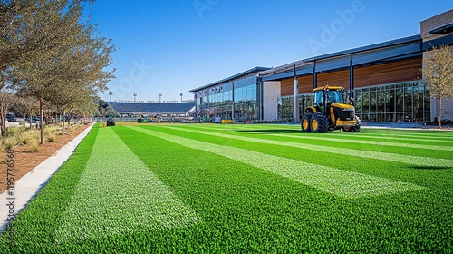 Tractor on artificial turf field near building.
