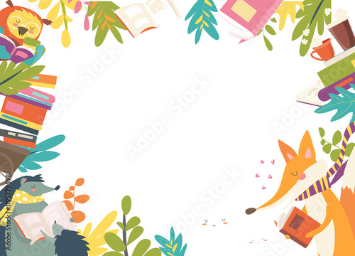 Cute frame composed of animals reading books. Vector illustration