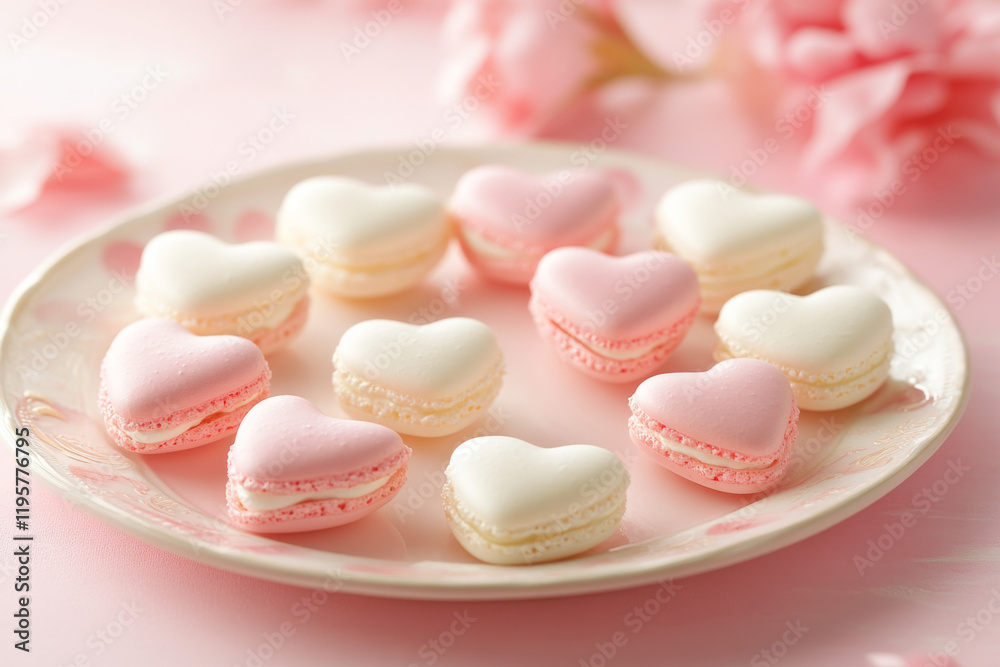 Fototapeta premium Heart-shaped macarons arranged beautifully on a pink plate with flowers