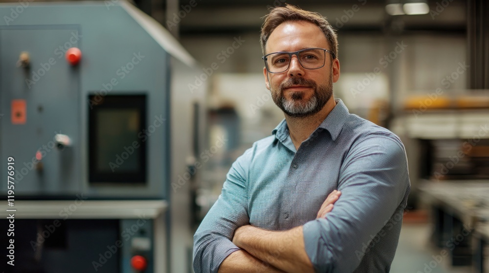 confident man stands in an industrial setting, showcasing expertise confident man stands in an industrial setting, showcasing expertise