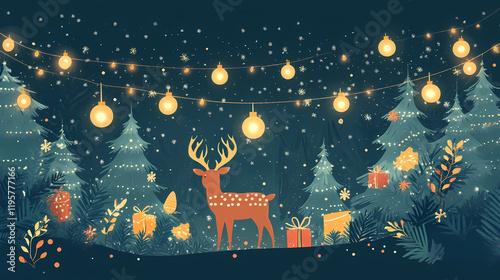 Christmas backdrop with festive decorations and twinkling fairy lights to brighten up the scene. Brightfern. Illustration photo