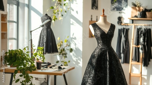 Sunlight streaming into a fashion designer's studio highlights an elegant black dress on a mannequin, revealing intricate details among sewing tools and plants
