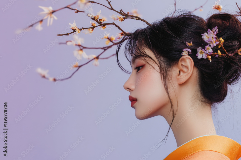 Young woman in traditional attire poses with cherry blossom branches in hair Young woman in traditional attire poses with cherry blossom branches in hair