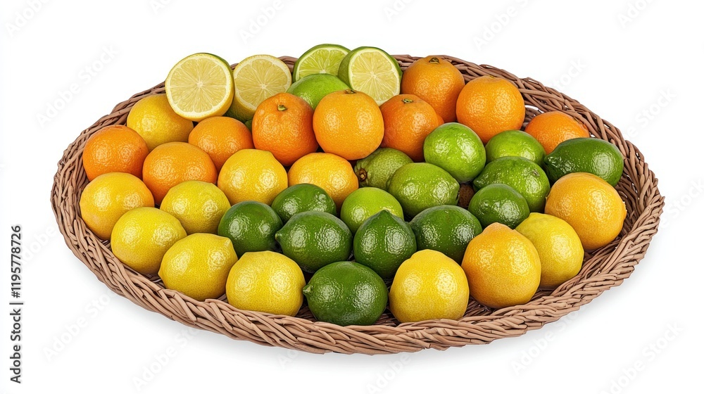 Citrus fruit platter, wicker basket, white background, studio shot, food photography Citrus fruit platter, wicker basket, white background, studio shot, food photography