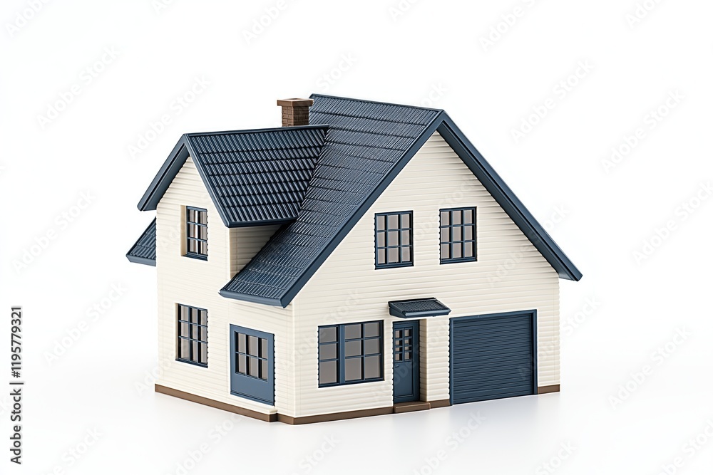 Charming Model House with Blue Roof and White Walls. Ideal for concepts of home ownership, real estate, and family living. Charming Model House with Blue Roof and White Walls. Ideal for concepts of home ownership, real estate, and family living.