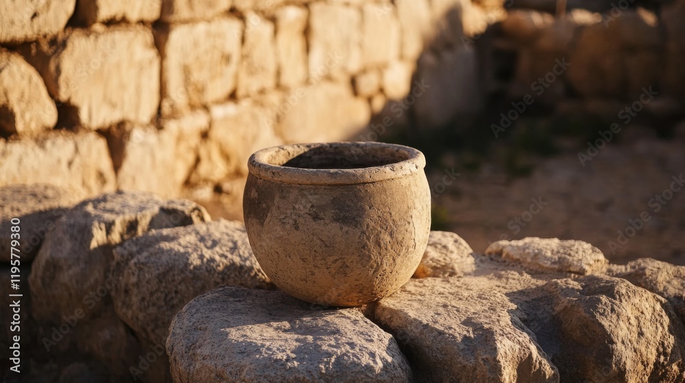 Ancient clay pot rests on rocks near old stone wall at sunset. Ancient clay pot rests on rocks near old stone wall at sunset.