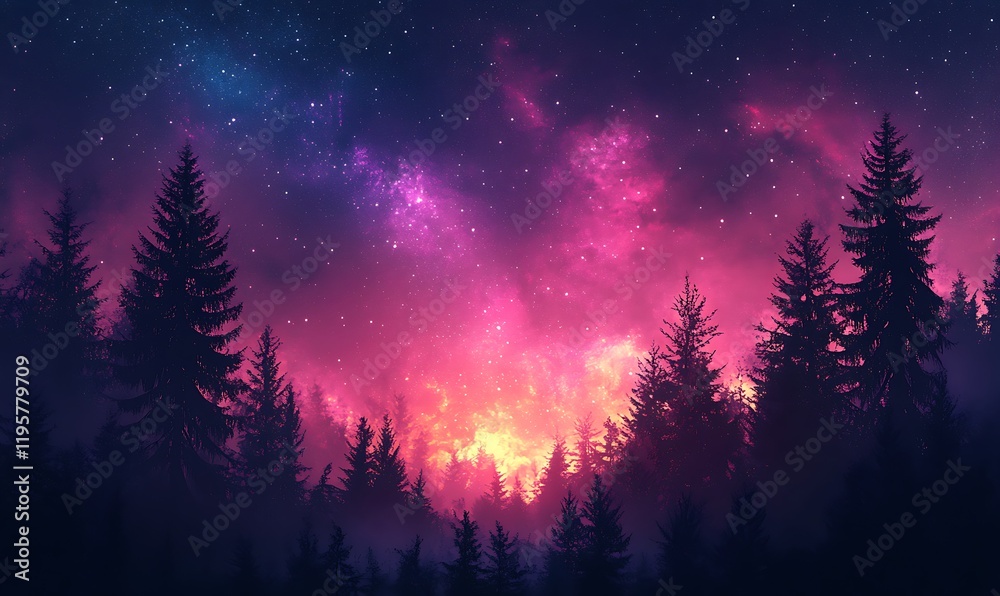 Fototapeta premium Cosmic Violet and Pink Skies Above a Dark Forest, HD Phone Wallpaper