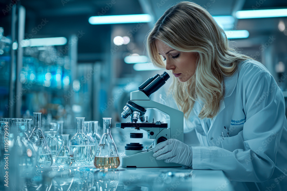 Innovative Female Scientist Conducting Research with Microscope and Glass Beakers in Hospital Laboratory Innovative Female Scientist Conducting Research with Microscope and Glass Beakers in Hospital Laboratory